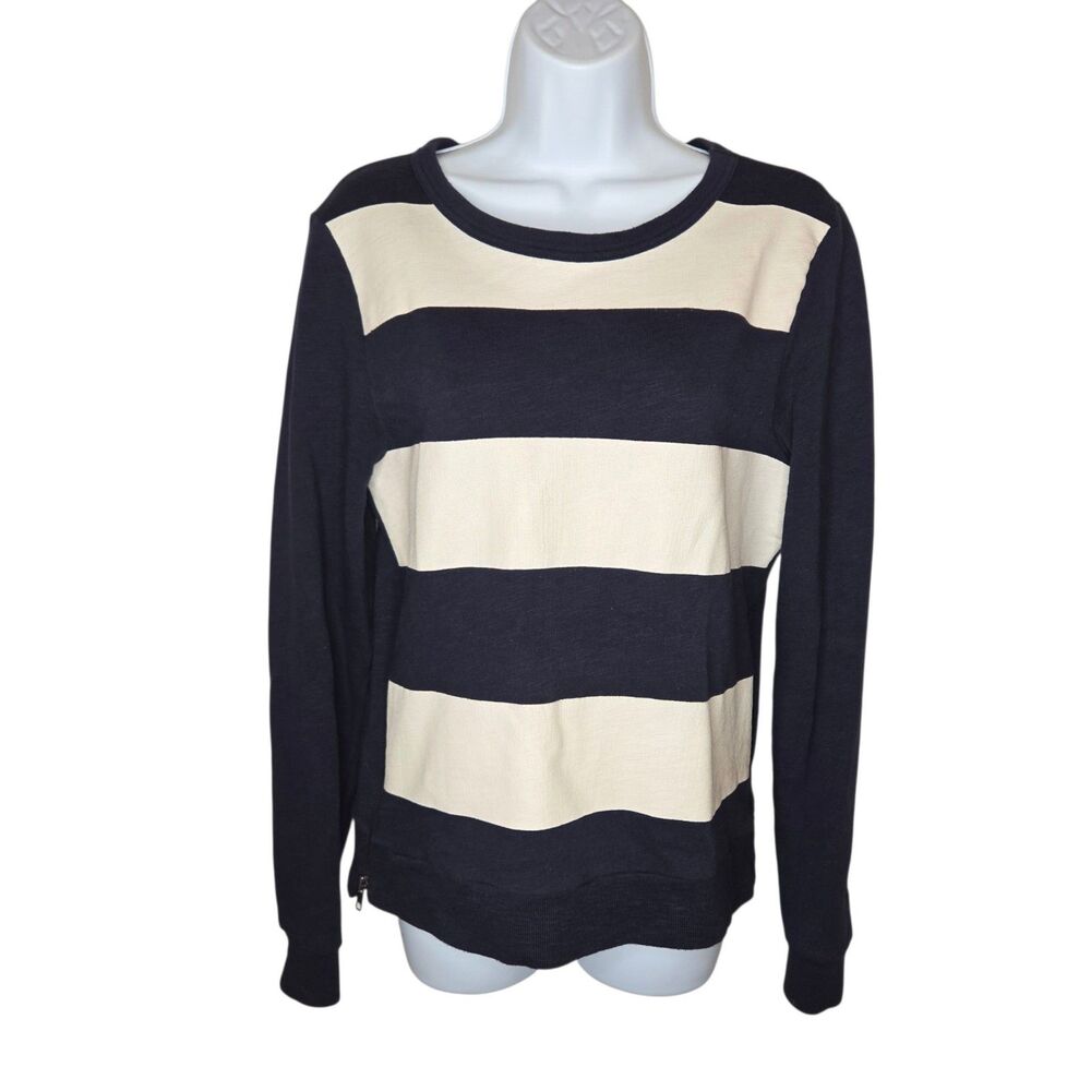 J.Crew Navy Blue & Cream Striped Cotton Pullover Sweatshirt Sz Small Side Zip